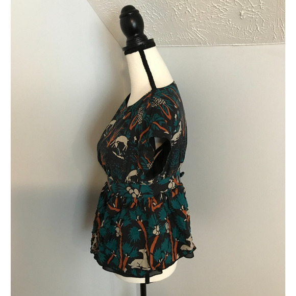 Anna Sui x Anthropologie Deer Habitat Peplum Silk Blouse - Size 2 - Picture 3 of 10